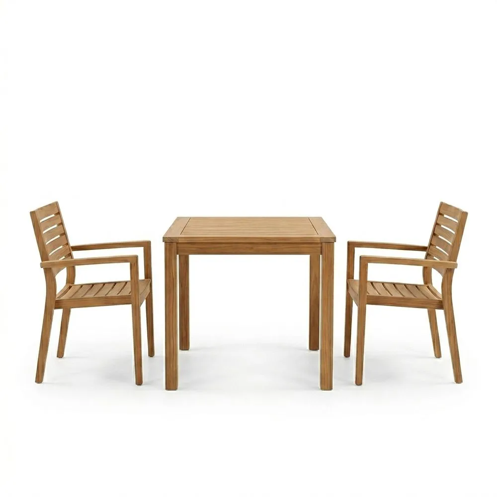 Conjunto de Mesa y 2 Sillas de Madera de Acacia para Exterior 90(largo)x90(ancho)x75(alto) cm