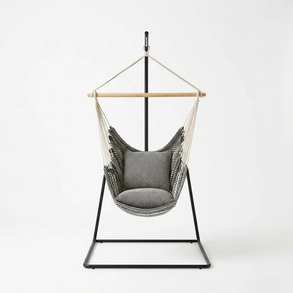 Silla Hamaca Colgante Algodón Blanco/Negro con Soporte de acero