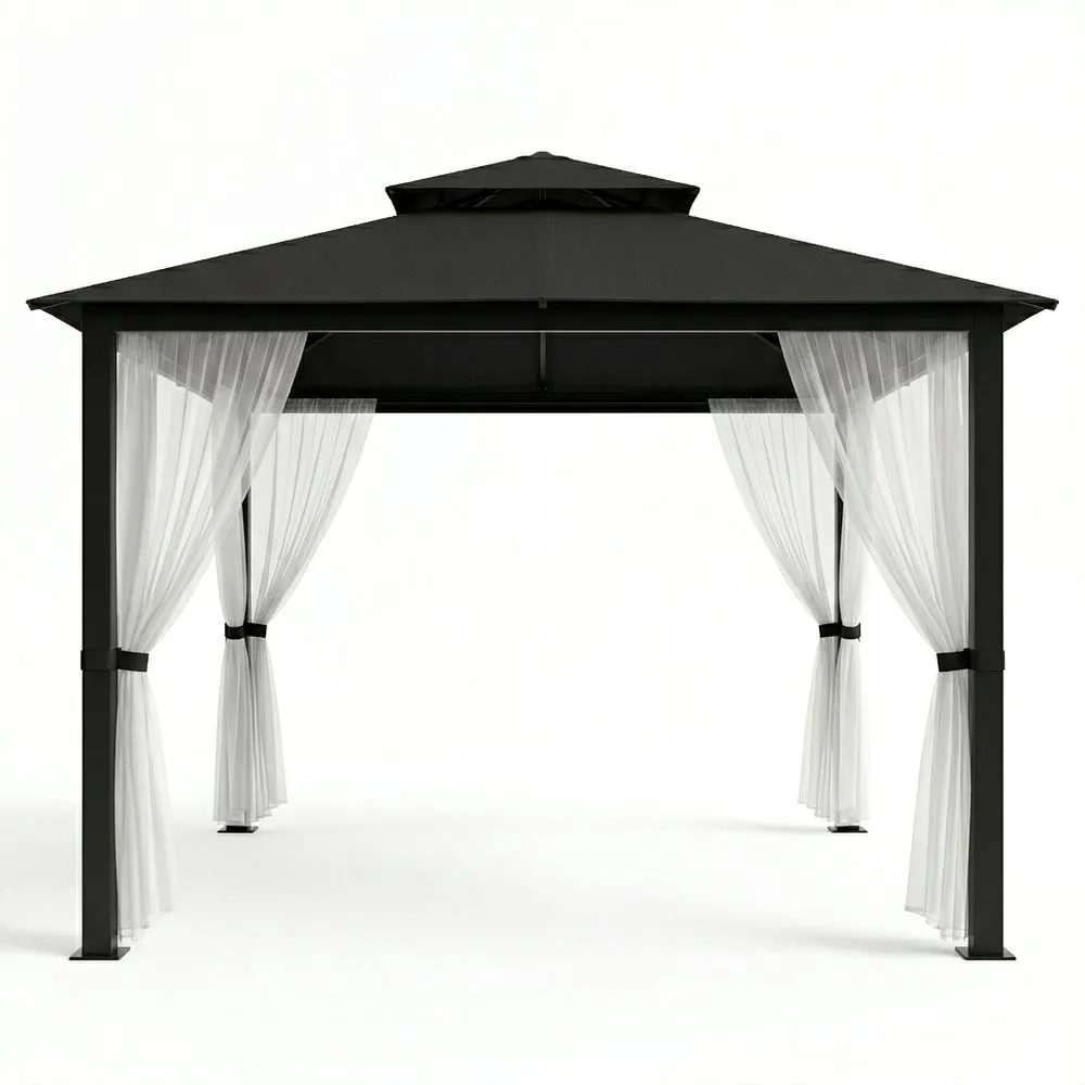 Pérgola de Aluminio Negro con Cortinas de Poliéster Blanco 300x300x250 (longitud x anchura x altura) cm