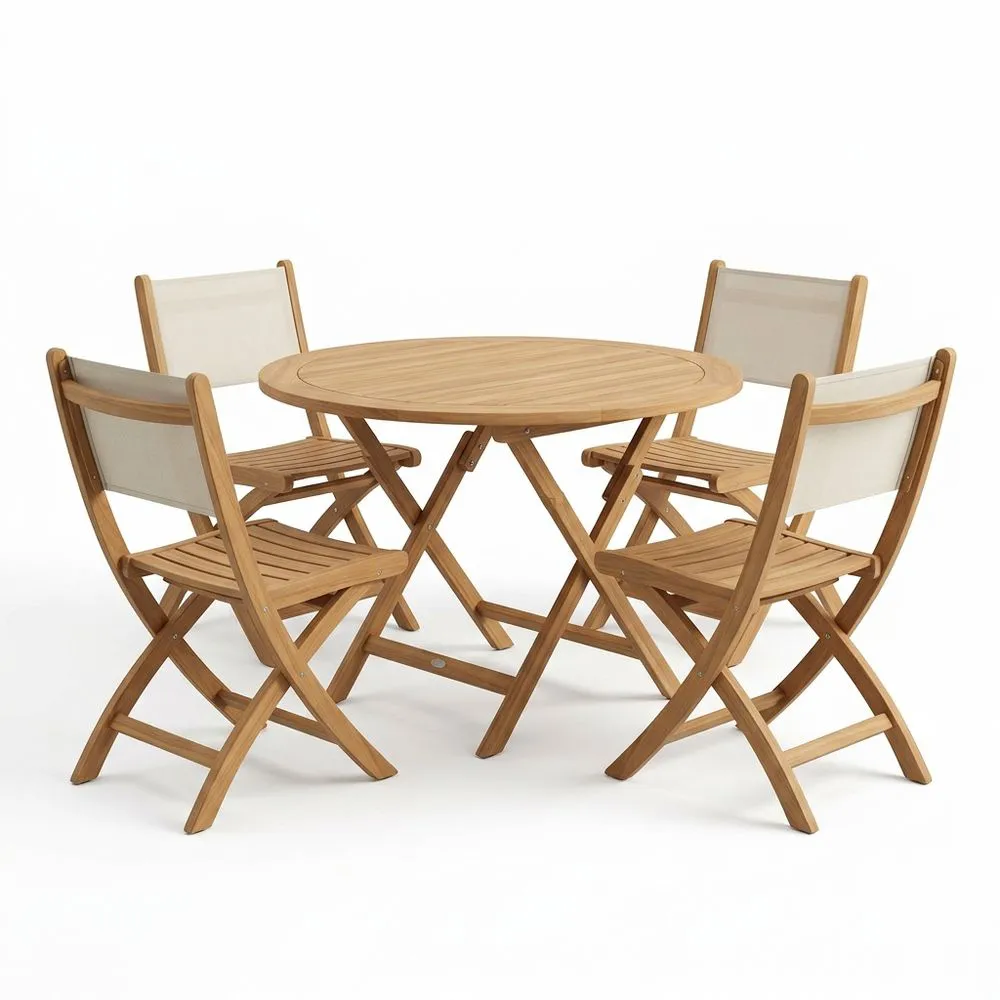 Juego de mesa redonda y sillas plegables de madera 5 piezas beige