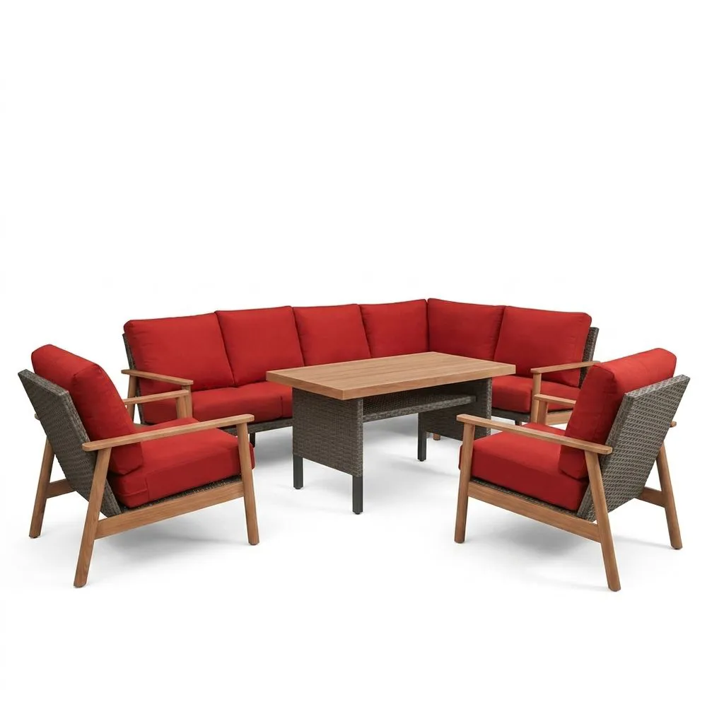 Conjunto de Sofás de Esquina para Exterior de Ratán Sintético y Madera de Teca con Cojines Rojos