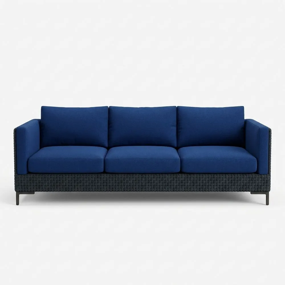 Sofá de Tres Plazas de Ratán Sintético con Cojines de Poliéster Azul