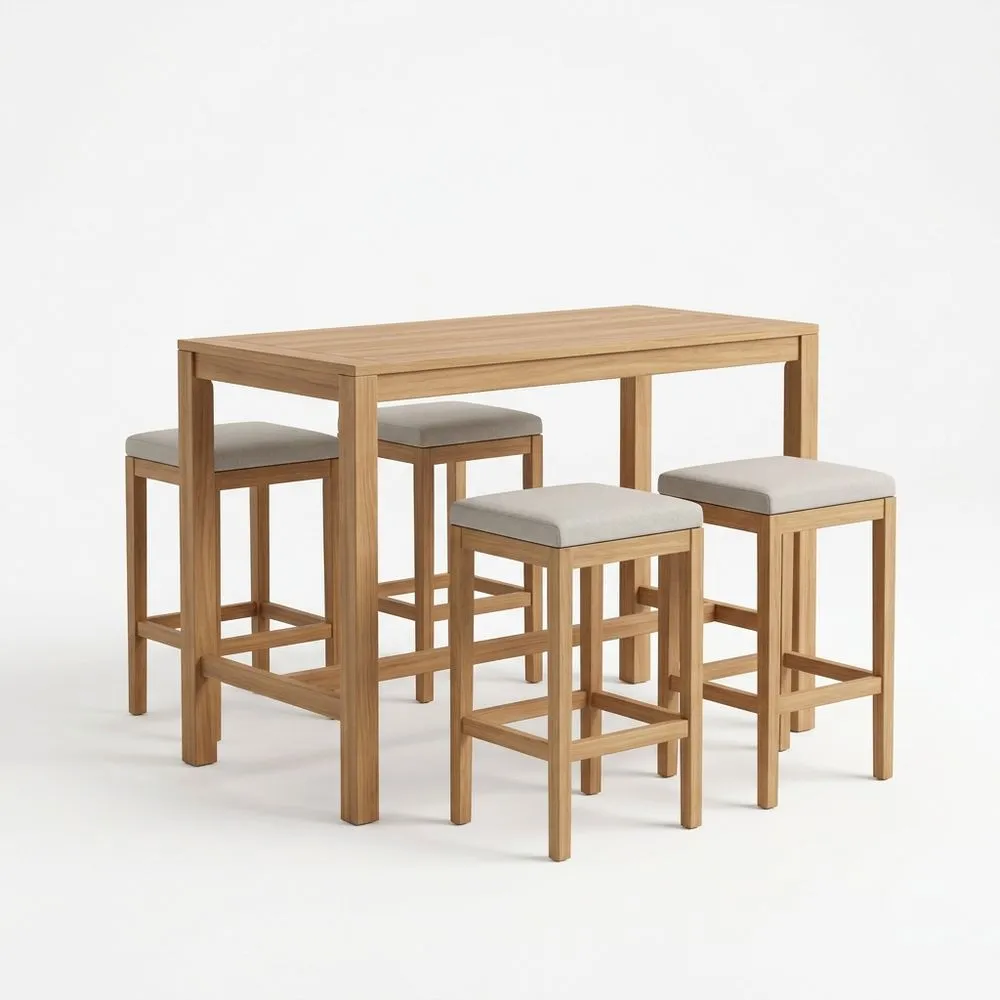 Mesa de comedor de roble con taburetes tapizados grises