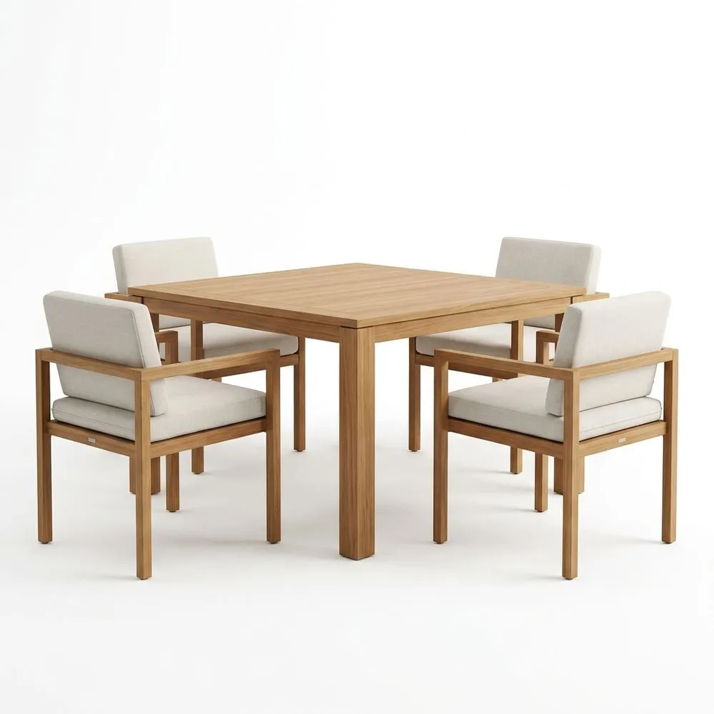 Conjunto de mesa cuadrada de madera de acacia y sillas con cojines beige