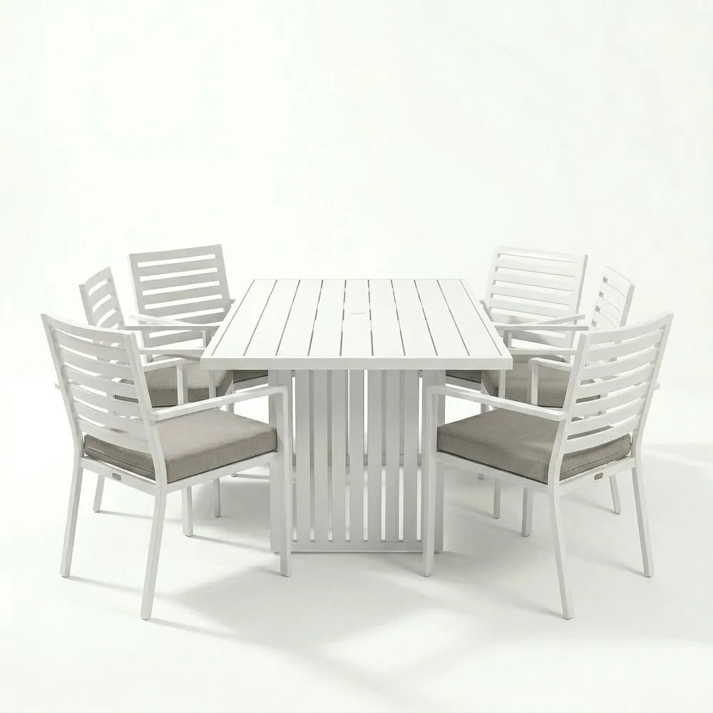 Juego de comedor de exterior de aluminio blanco con cojines de poliéster gris para 6 personas