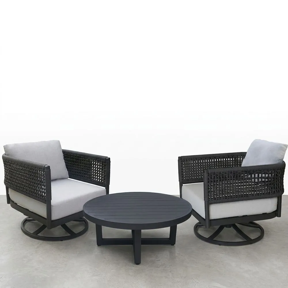 Conjunto de Exterior de Ratán Sintético Negro con Mesa de Aluminio y Cojines Grises