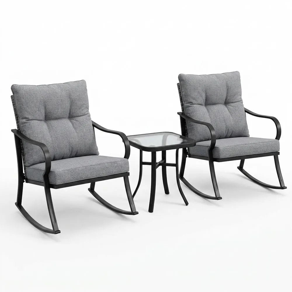 Conjunto de mecedoras de jardín con estructura de acero, cojines de tela gris y mesa de vidrio templado de 5 mm