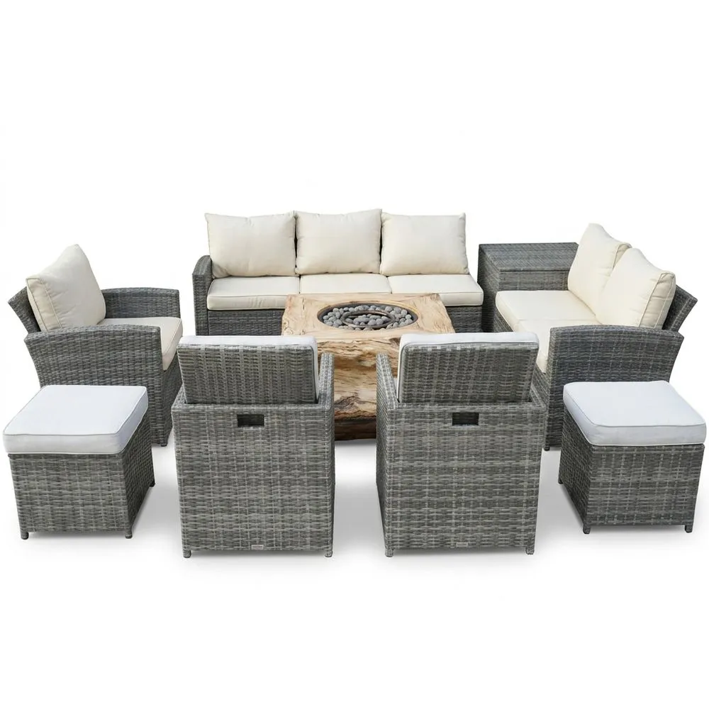 Conjunto de jardín de ratán sintético gris con cojines crema