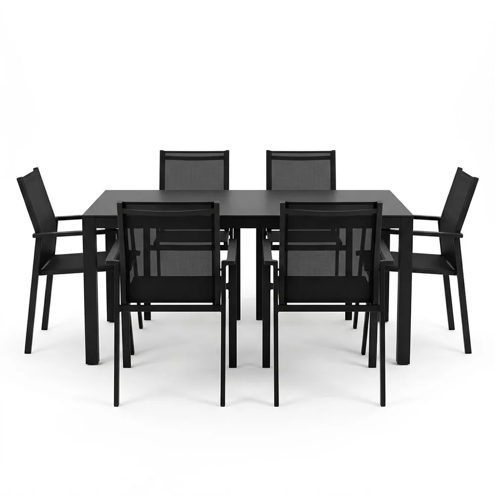 Conjunto de comedor al aire libre de aluminio negro con mesa y 6 sillas