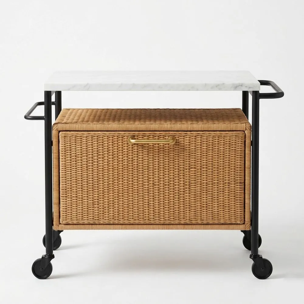 Carro de Servicio Mármol Acero Mimbre Ruedas