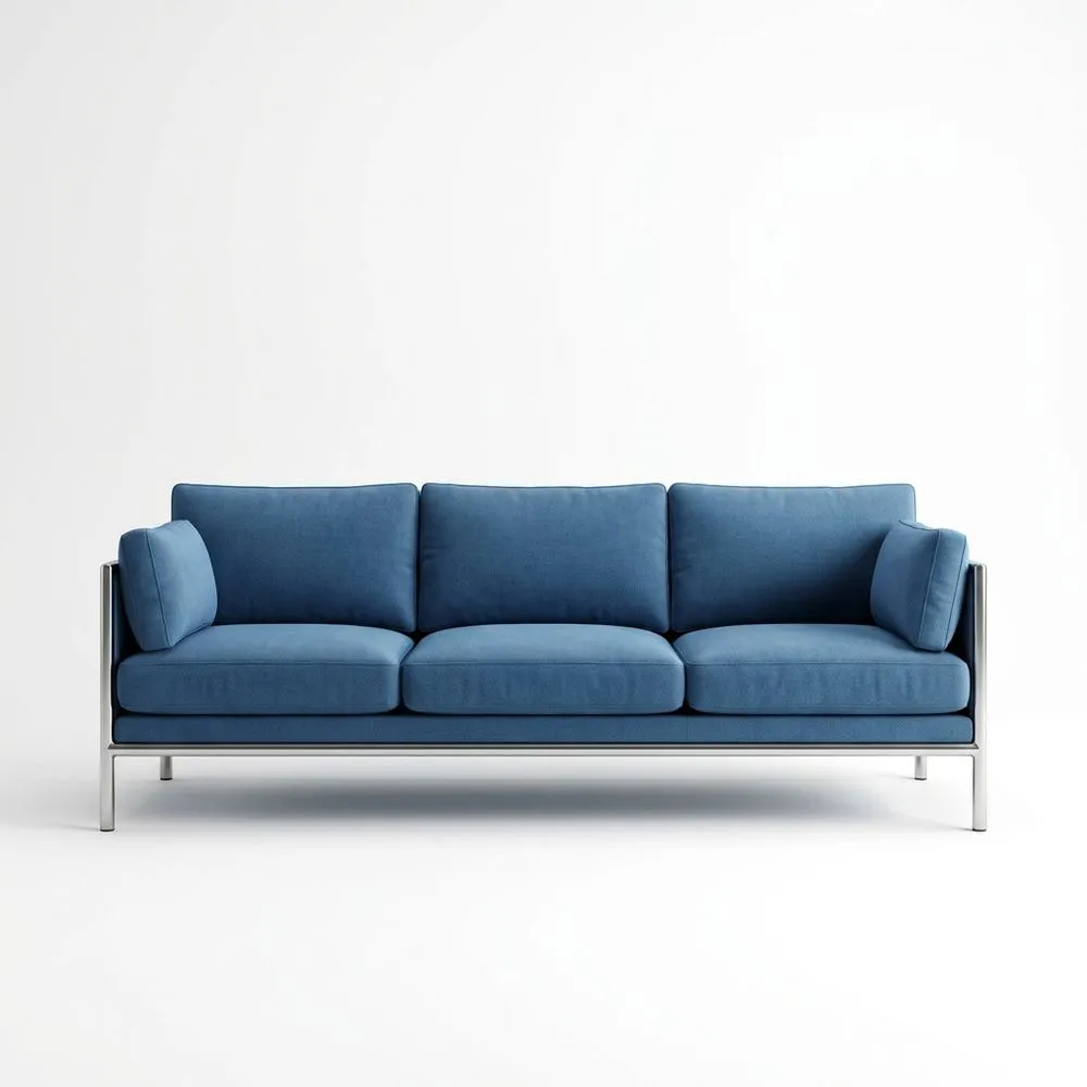 Sofá de tres plazas de tela de poliéster azul con estructura de acero