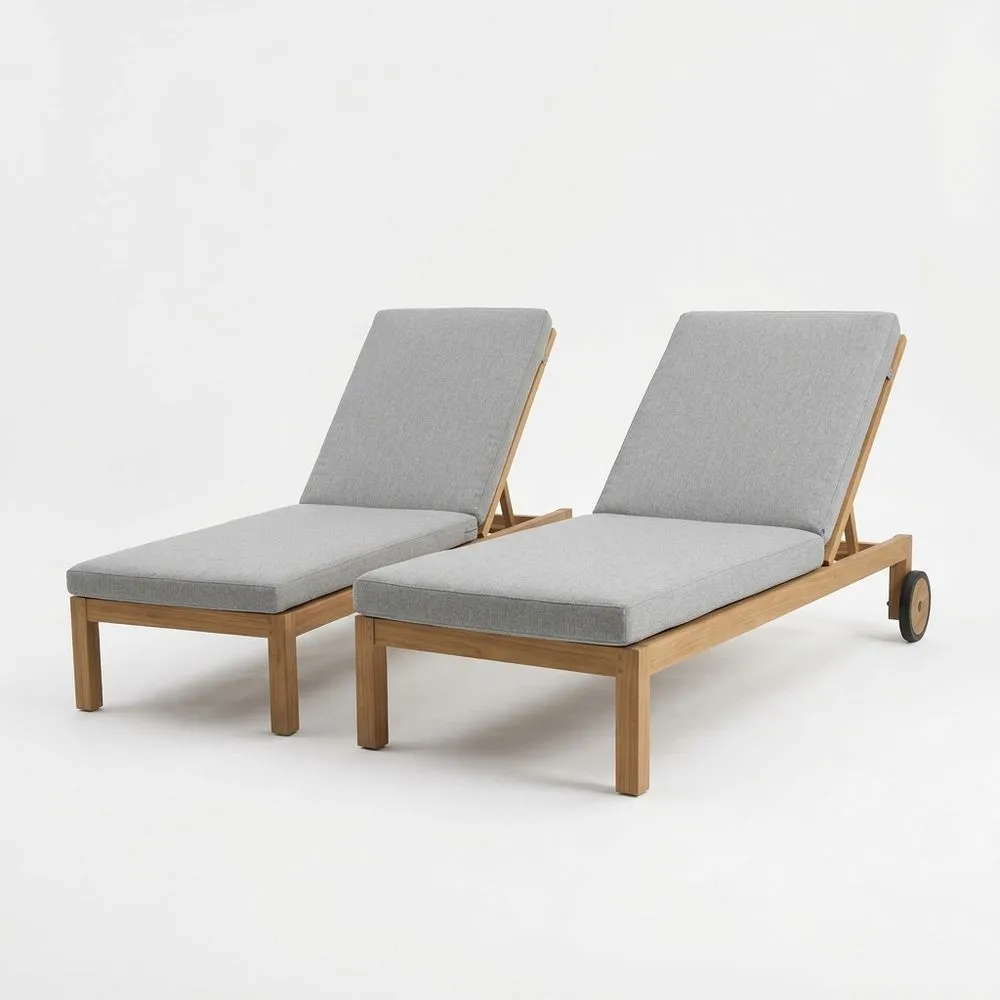Conjunto de tumbonas de madera de teca y poliéster gris ajustables
