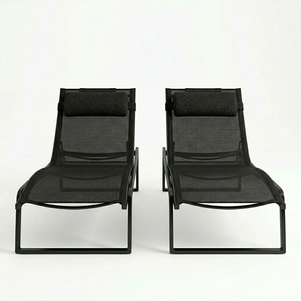 Conjunto de 2 tumbonas de aluminio y tela negra con cojines 200x70x35 (longitud x ancho x alto) cm