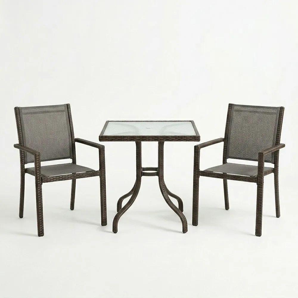 Conjunto de mesa de vidrio templado y sillas de estructura de acero con tapizado de tela marrón