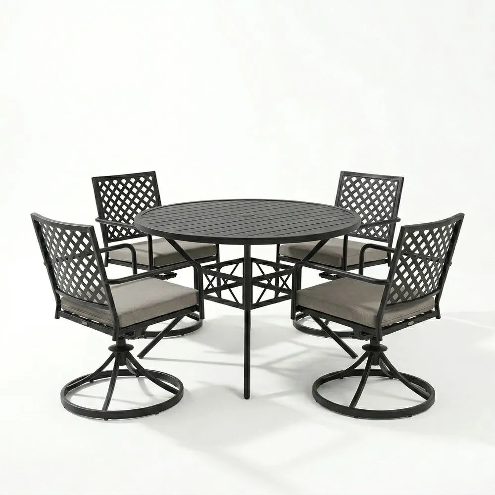 Conjunto de Jardín de Aluminio Negro Mesa Redonda y 4 Sillas con Cojines