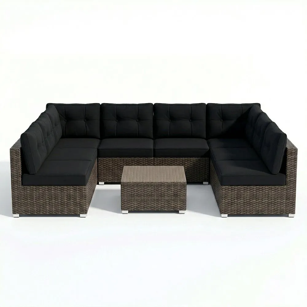 Conjunto de salón modular para exterior de ratán marrón con cojines negros