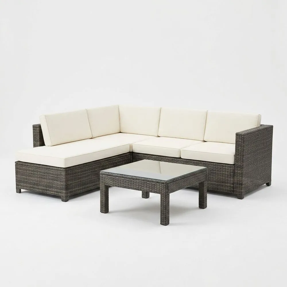 Conjunto Esquinero de Jardín de Ratán Sintético con Cojines Beige y Mesa de Vidrio