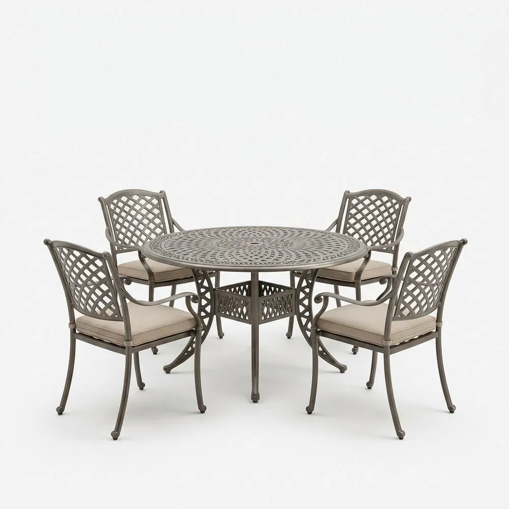 Juego de comedor exterior de aluminio gris con mesa redonda y 4 sillas