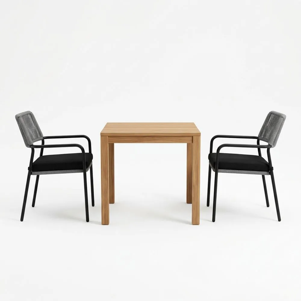 Conjunto de Mesa Exterior Teca 80(largo)x80(ancho) cm con 2 Sillas de Acero y Asientos Negros