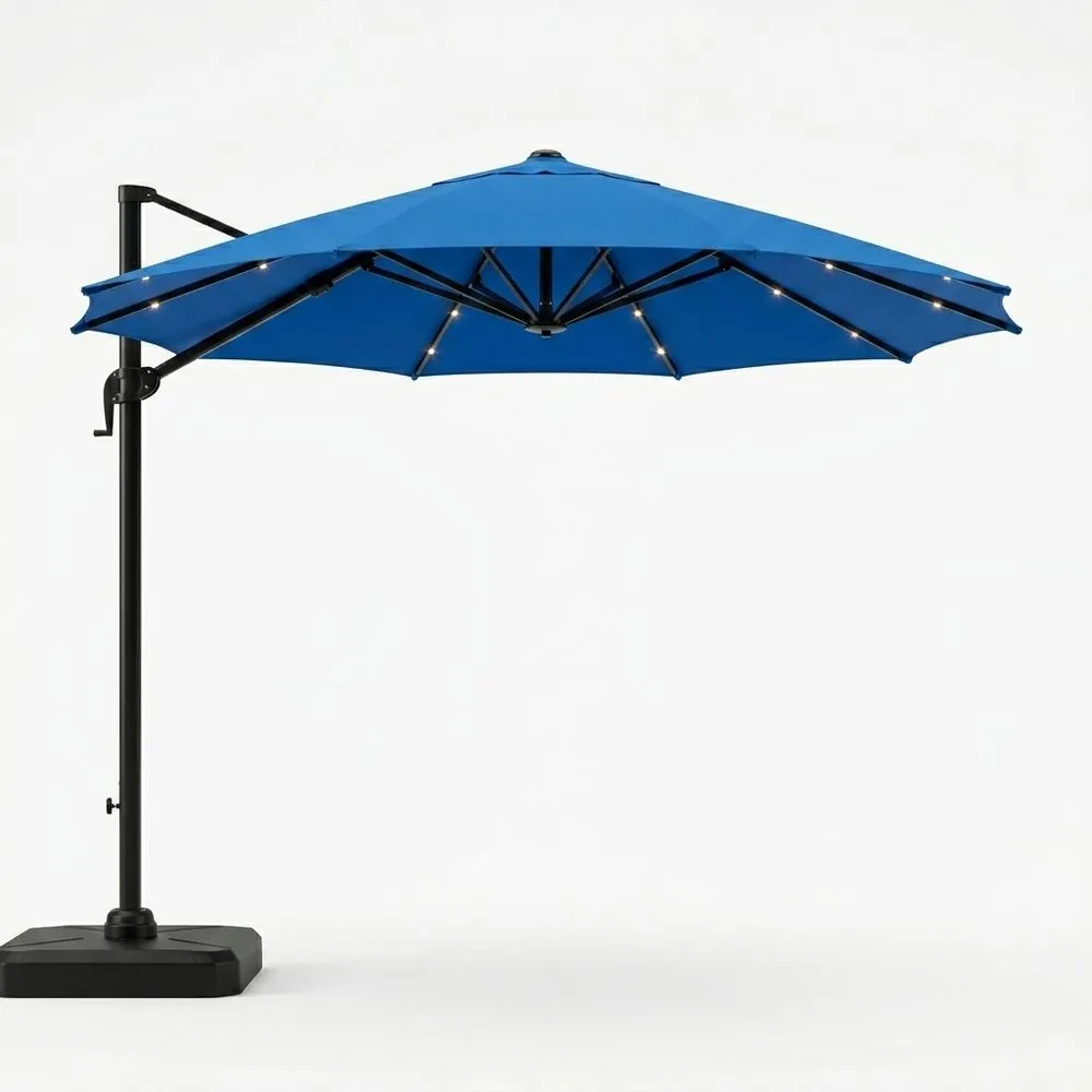Sombrilla colgante de poliéster azul y estructura de acero
