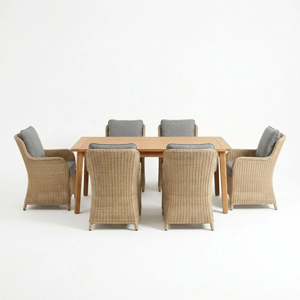 Conjunto de jardín exterior mesa de madera de teca y 6 sillas de ratán sintético con cojines grises