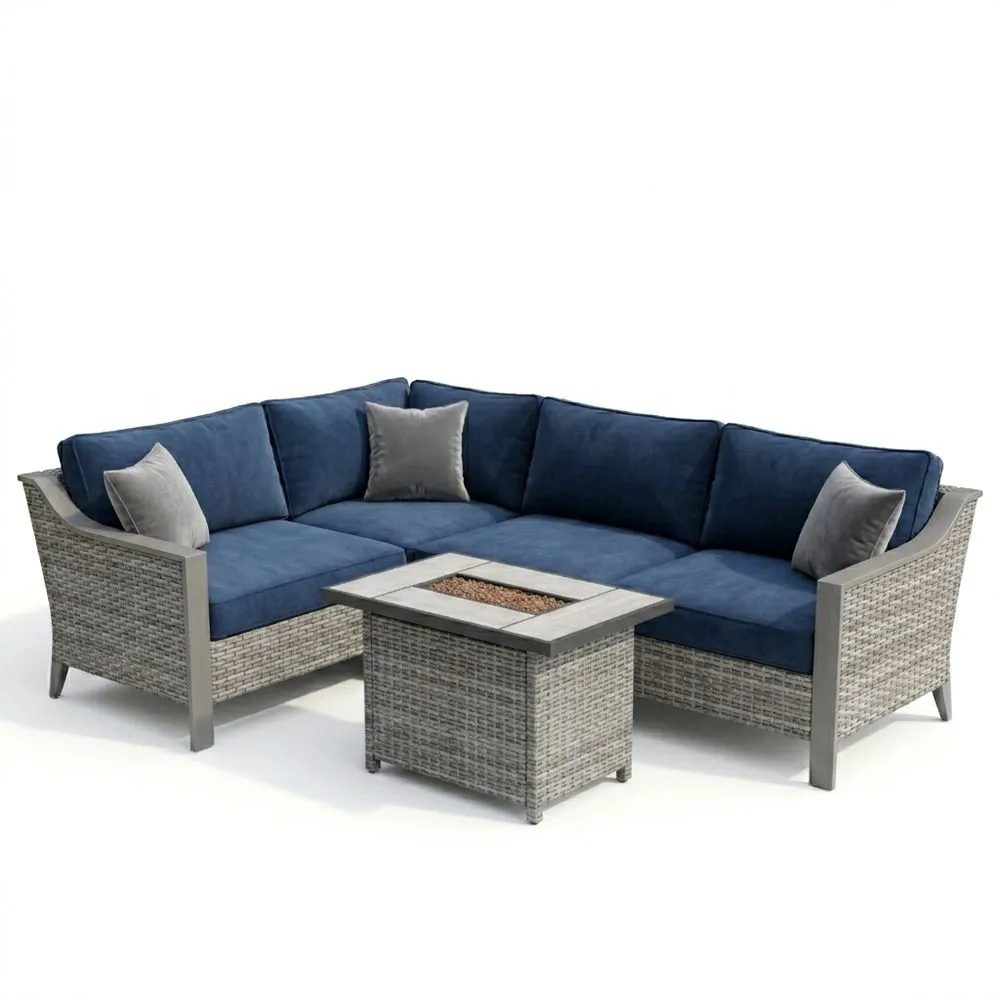 Conjunto de Sofá Seccional de Ratán Sintético Azul con Mesa de Centro