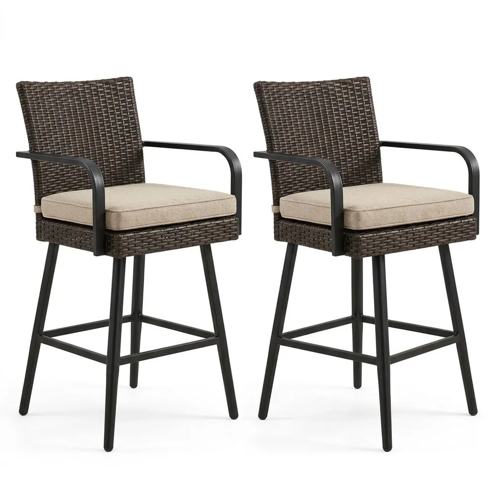 Sillas de Bar Giratorias Exteriores de Ratán y Acero con Cojín Beige, Set de 2