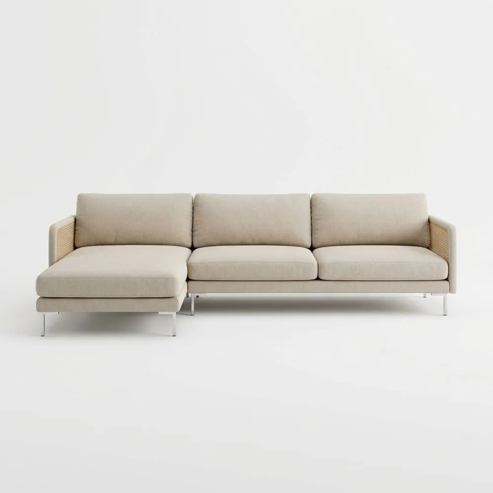 Sofá Seccional de tela de poliéster Beige con Chaise Longue y Patas de acero 250x180x85 (largo x ancho x alto) cm