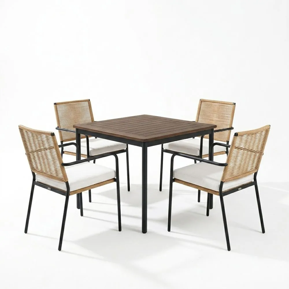 Conjunto de comedor exterior acero, superficie de mesa de madera, 4 sillas de acero con respaldo de ratán sintético