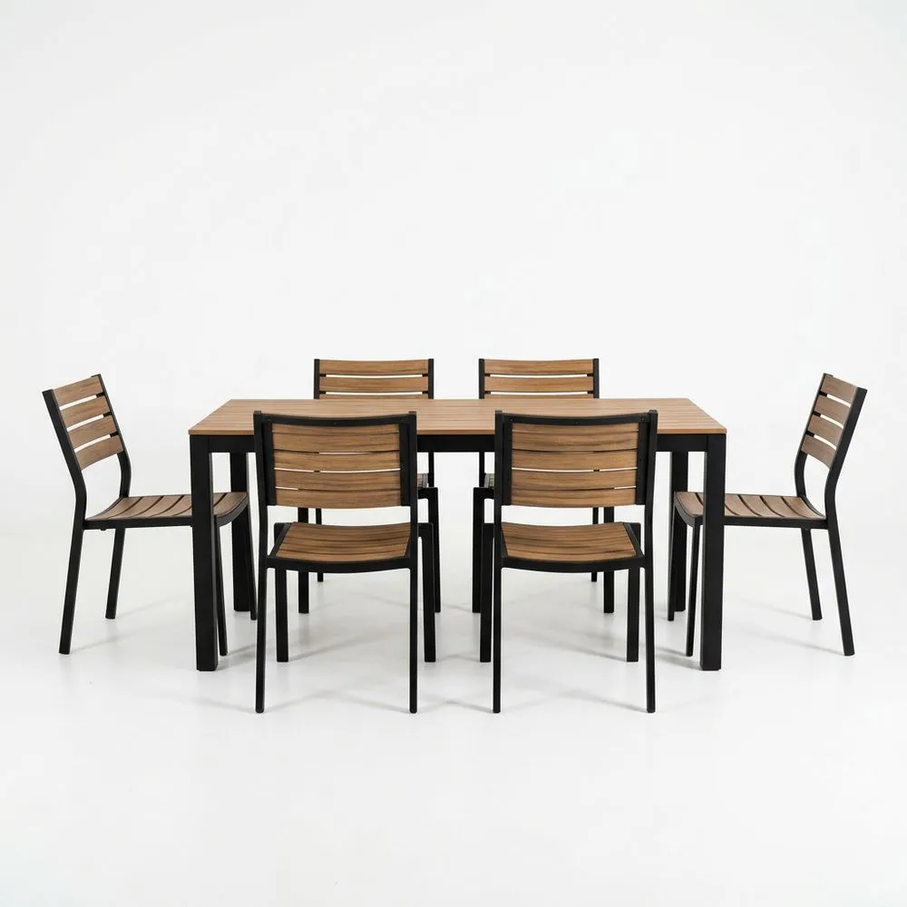 Conjunto de Comedor 6 Sillas de Madera de Ingeniería y Acero Marrón Negro