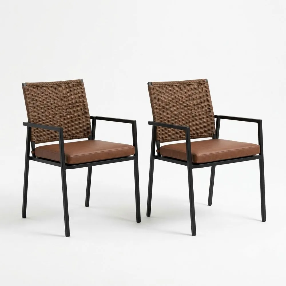 Sillas de Exterior de Acero Negro y Asiento de Poliuretano Marrón, Set de 2