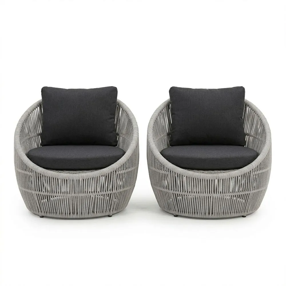 Conjunto de Sillones Redondos de Exterior con Cuerdas y Cojines Gris/Negro