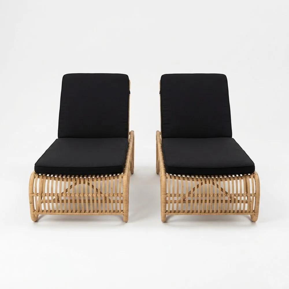 Conjunto de 2 tumbonas de ratán sintético con cojines de algodón negro 200x65x40 (largo x ancho x alto) cm