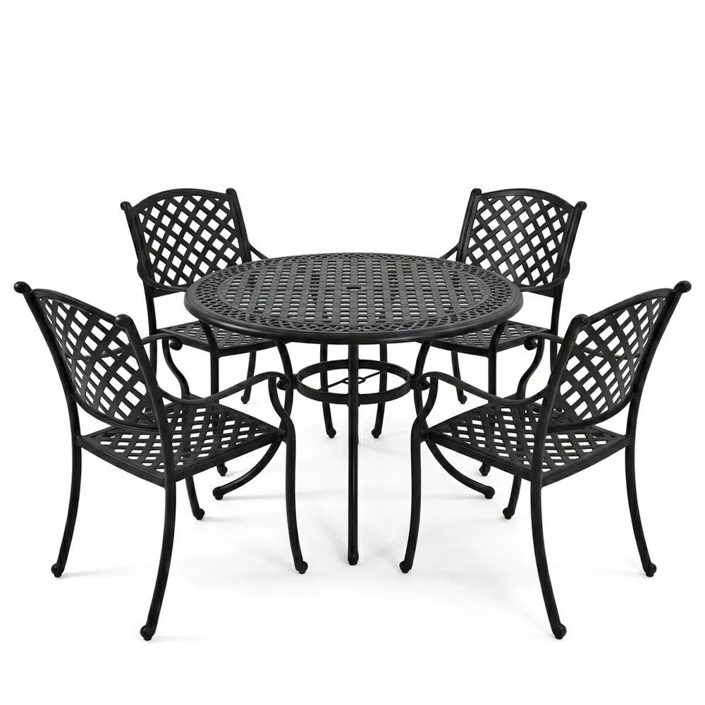 Conjunto de Mesa Redonda y 4 Sillas de Aluminio Negro para Exterior