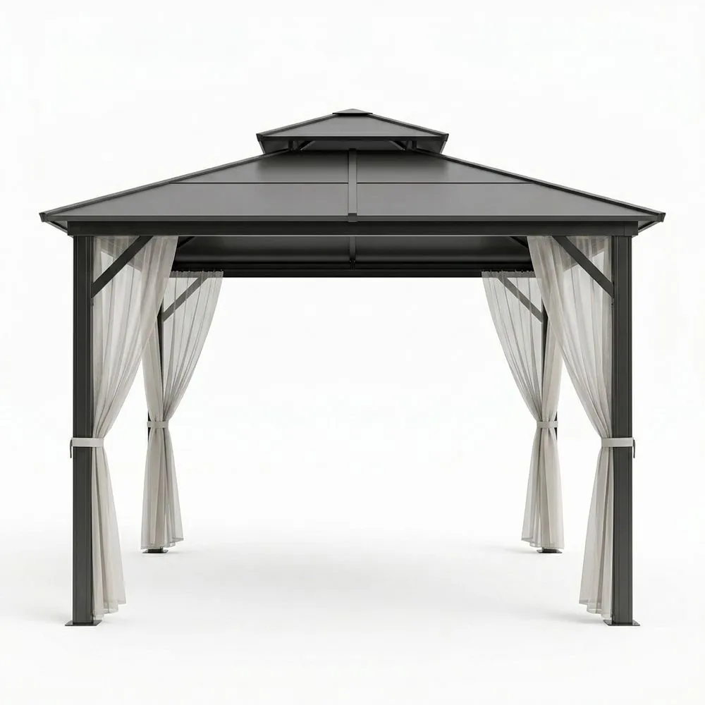 Pérgola de Aluminio Gris Oscuro con Cortinas de Poliéster