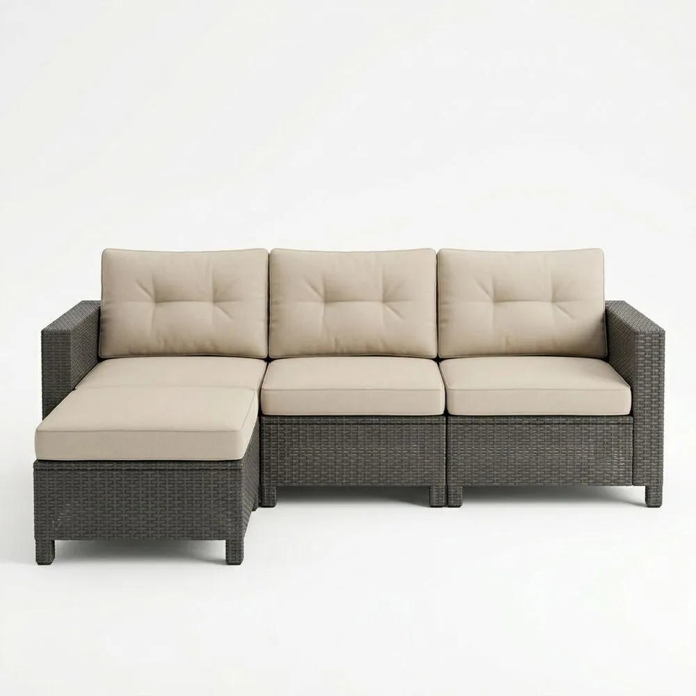 Sofá esquinero de ratán sintético con cojines de poliéster Beige 210 cm