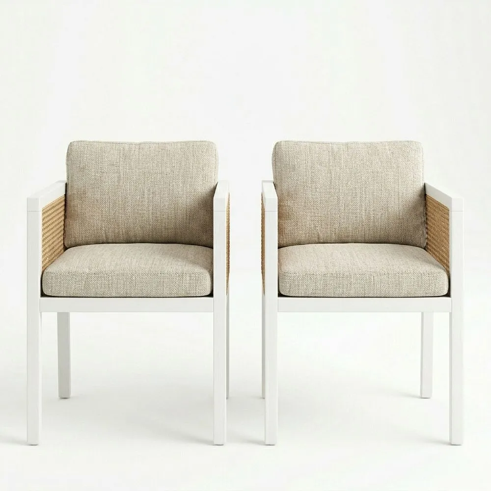 Conjunto de 2 sillas de acero pintado blancas con tapizado de lino beige