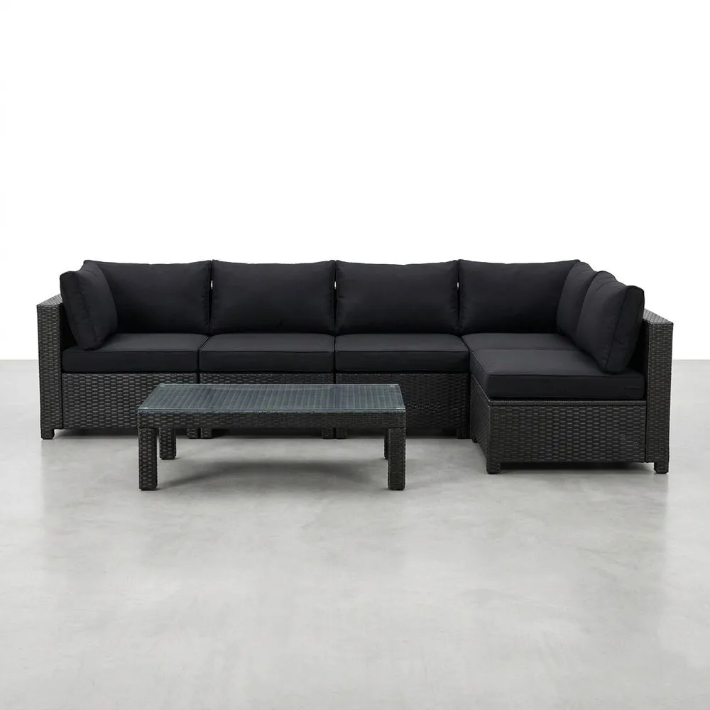 Conjunto de Sofás Seccional de Rattan PE Negro con Vidrio Templado