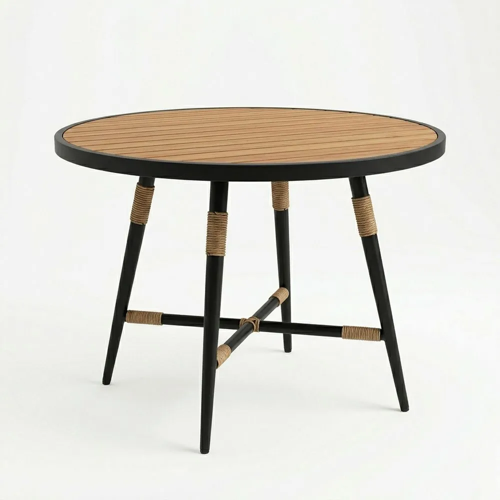 Mesa redonda de acero pintado negro y madera de acacia marrón 75 (diámetro) x 75 (altura) cm