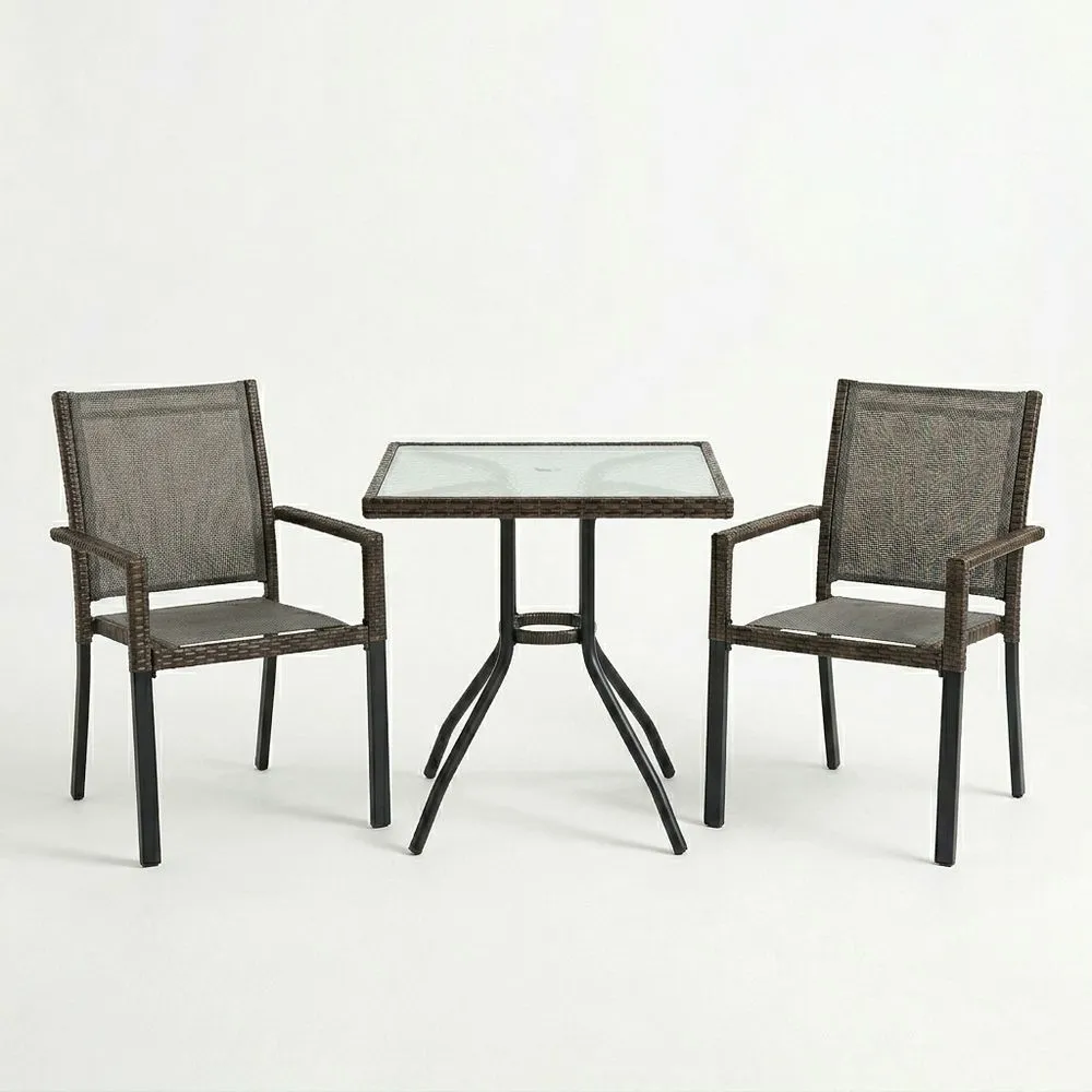 Set de comedor exterior 3 piezas ratán sintético mesa cuadrada vidrio templado