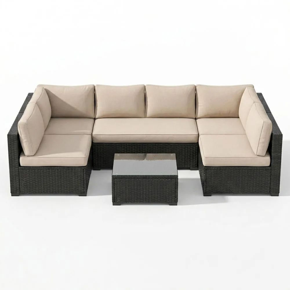 Conjunto de Sofá de Jardín con Ratán y Cojines de Poliéster, Mesa de Vidrio