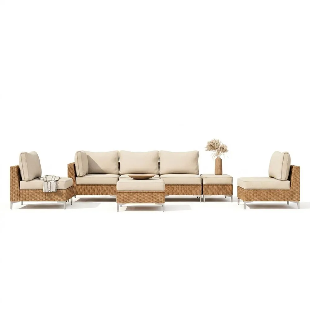 Conjunto de Sofás de Ratán Sintético para Exterior Beige 5 Piezas