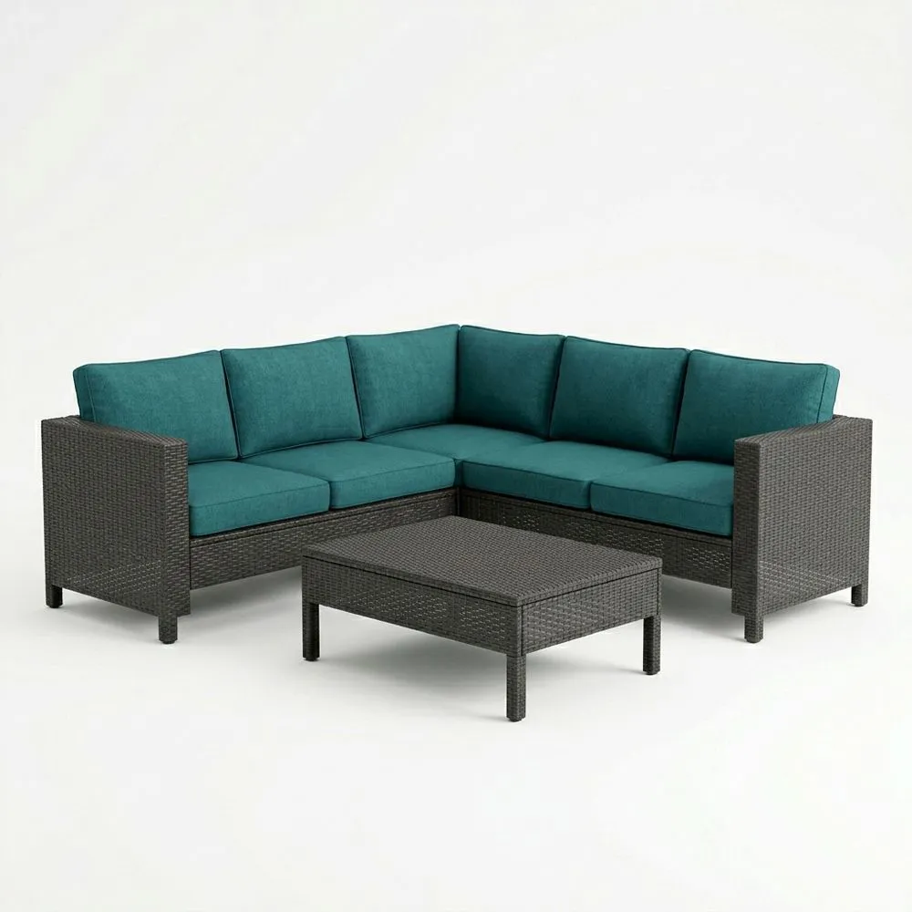 Juego de sofá seccional de ratán sintético y cojines de poliéster azul