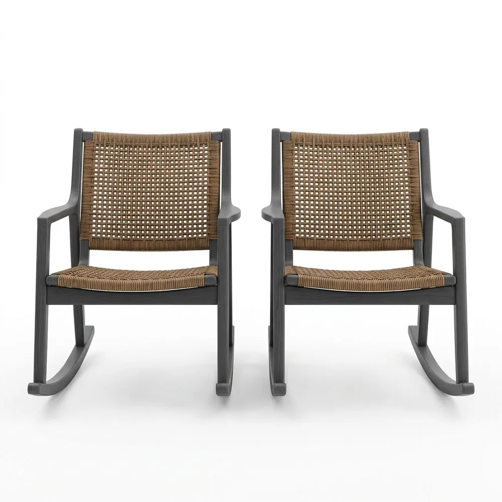 Conjunto de 2 Mecedoras de Madera de acacia y Fibra de ratán natural Marrón/Negro