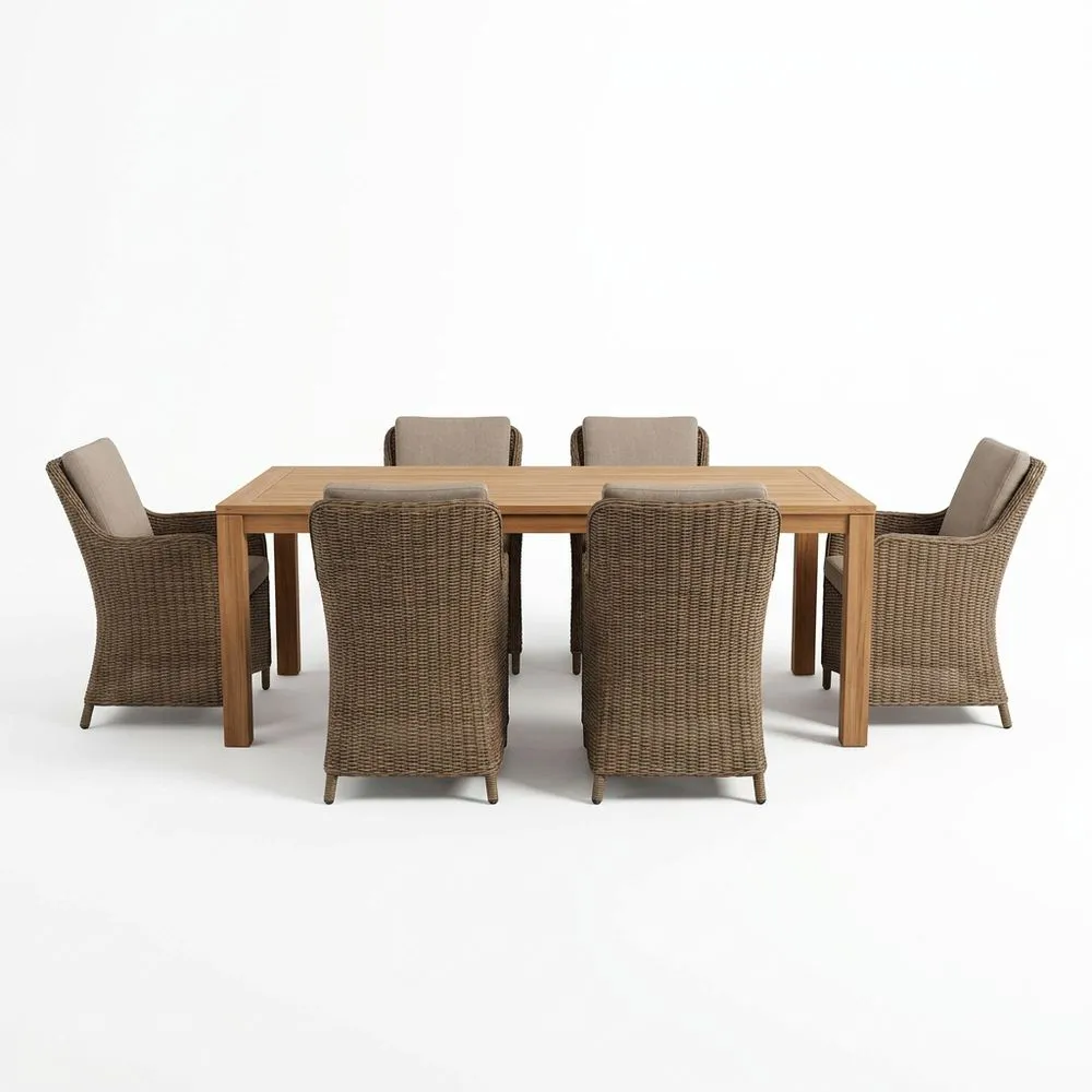 Conjunto de muebles de jardín de madera de teca y ratán sintético marrón