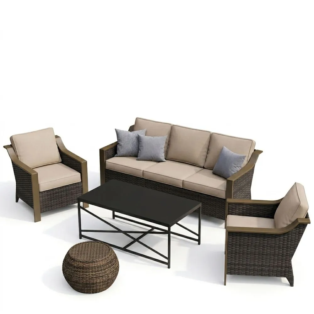 Conjunto Muebles de Jardín Rattan Sintético Beige/Gris Incluye Sofá, Sillones y Mesa de Centro