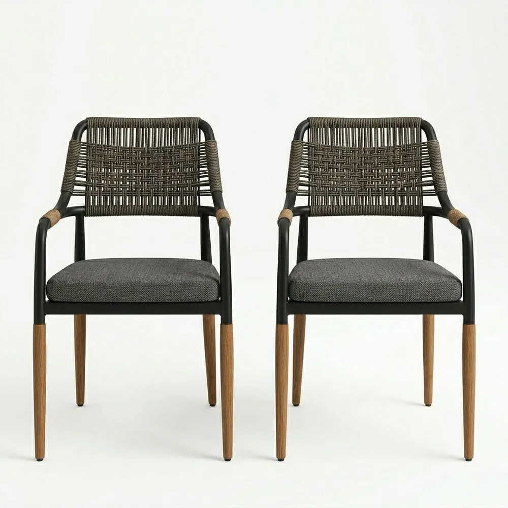 Set de 2 sillas de acero y cuerda sintética, asiento de tela de poliéster, patas de madera de haya 58x54x80 (longitud x anchura x altura) cm