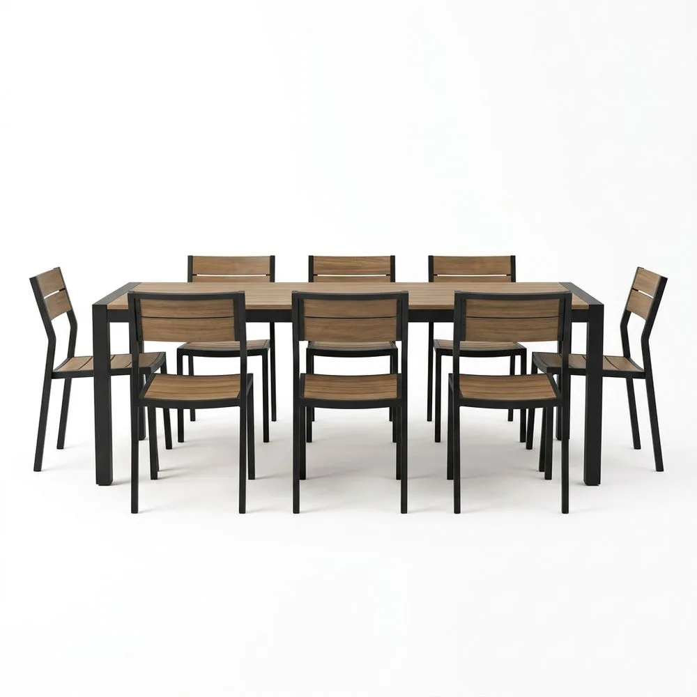 Conjunto de comedor de madera de acacia y acero marrón y negro 180x90 (largo x ancho) cm 8 plazas