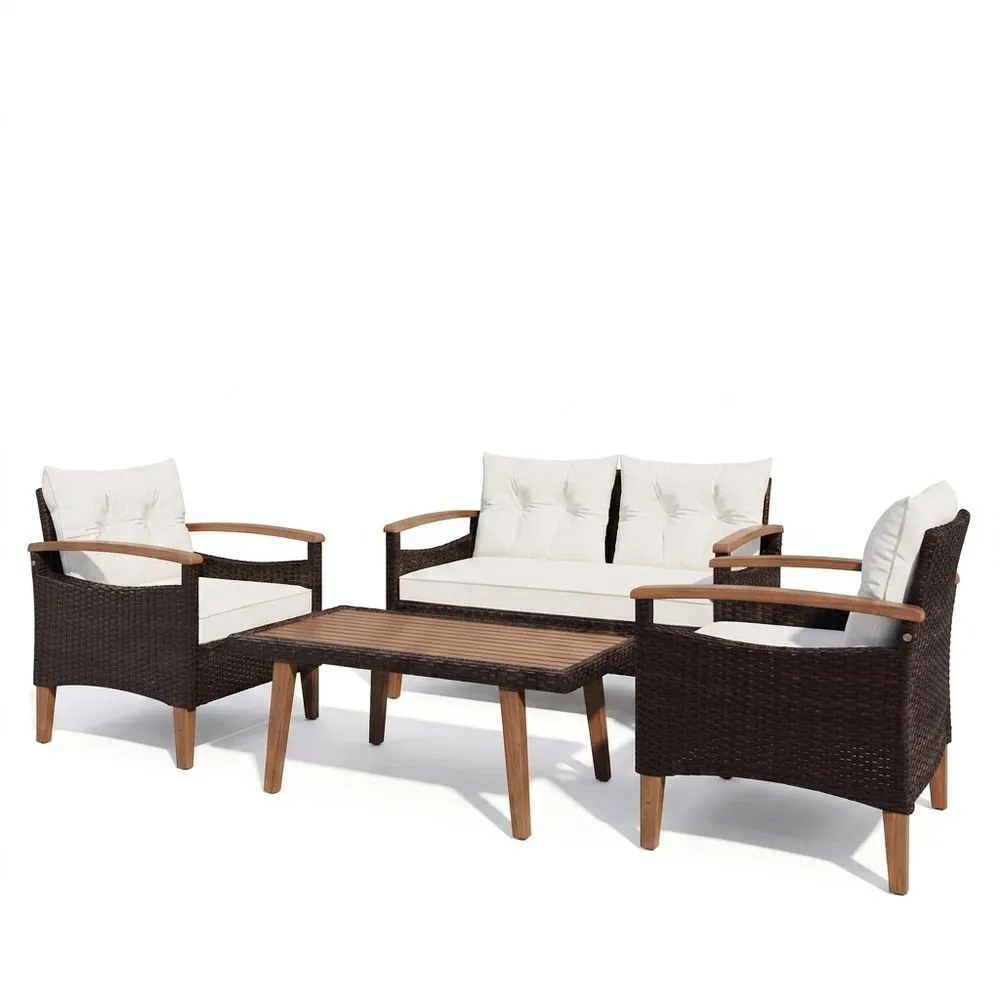 Conjunto de Muebles de Jardín de Ratán Sintético y Madera con Cojines Crema