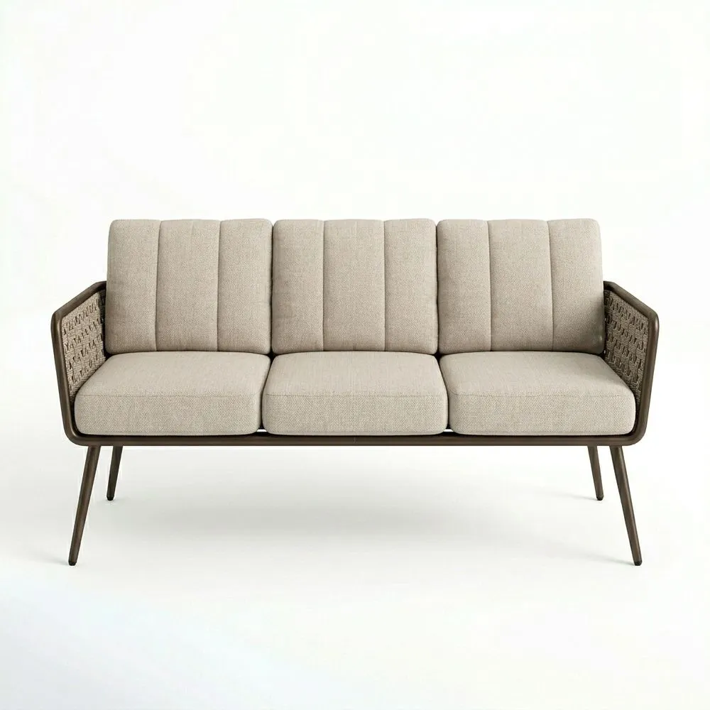 Sofá de tres plazas tela poliéster beige estructura de acero 200x80x85 (longitud x anchura x altura) cm